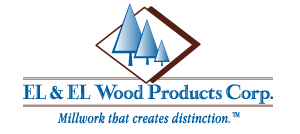 EL & EL Wood Products Corp. logo with stylized blue trees and brown diamond, tagline “Millwork that creates distinction.”