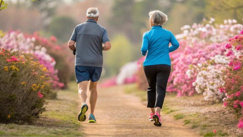 Two people jogging on a garden path lined with pink flowers, seen from behind