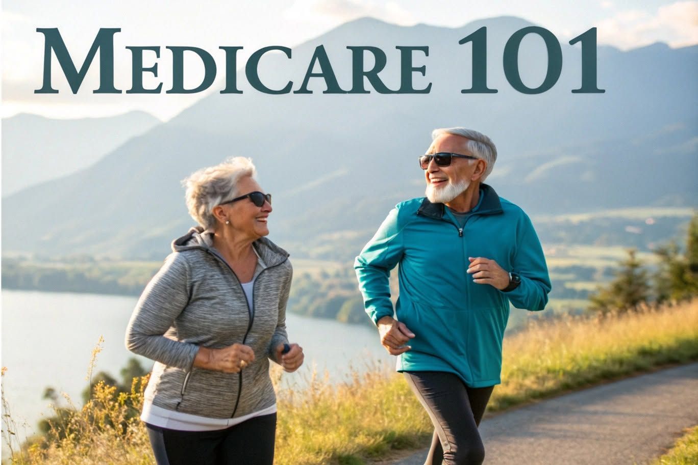 Two hikers in athletic wear walking outdoors with mountains behind them, titled “Medicare 101”