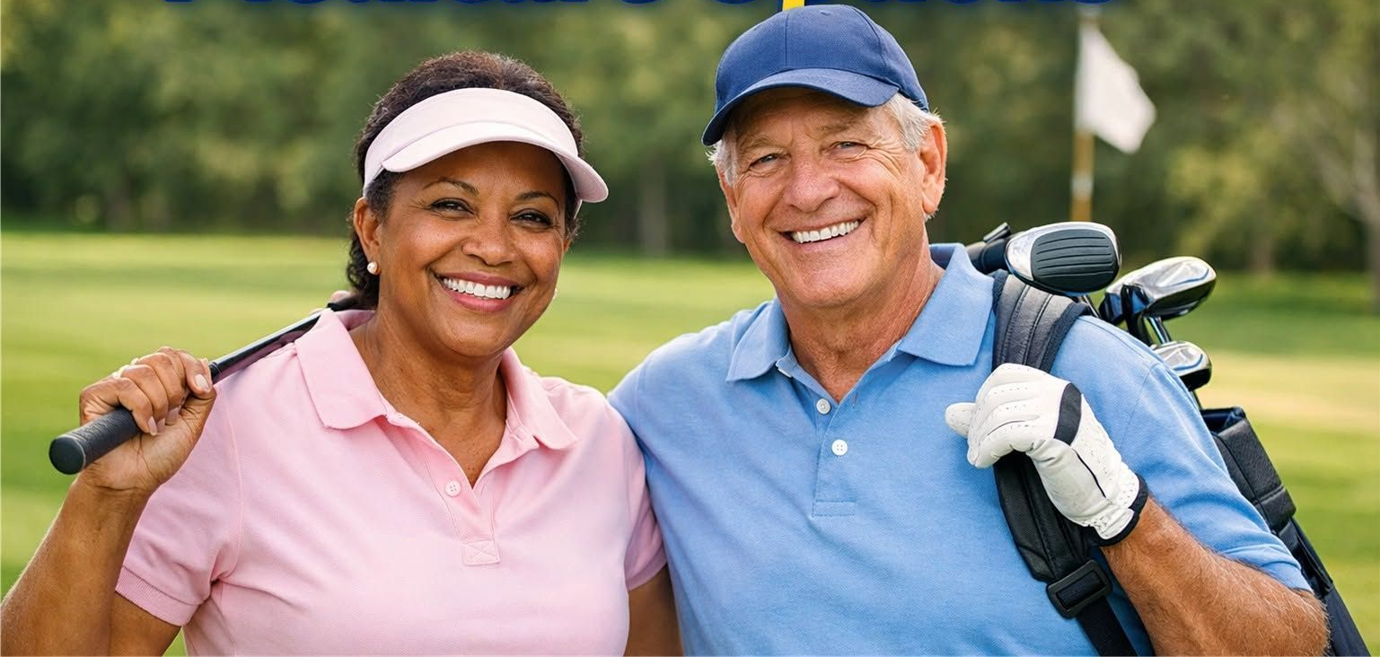 Two smiling golfers standing with clubs on a green golf course