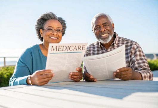 Two smiling people holding Medicare papers outdoors at a table