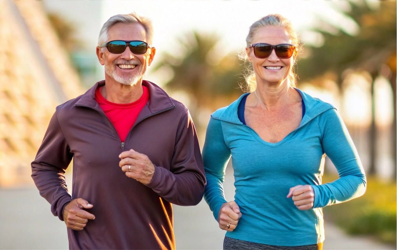 Two smiling people jogging outdoors in athletic wear on a sunny path