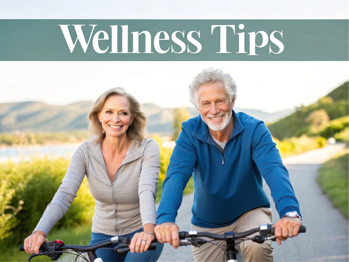 Older couple smiling and riding bicycles on a sunny path under a “Wellness Tips” banner