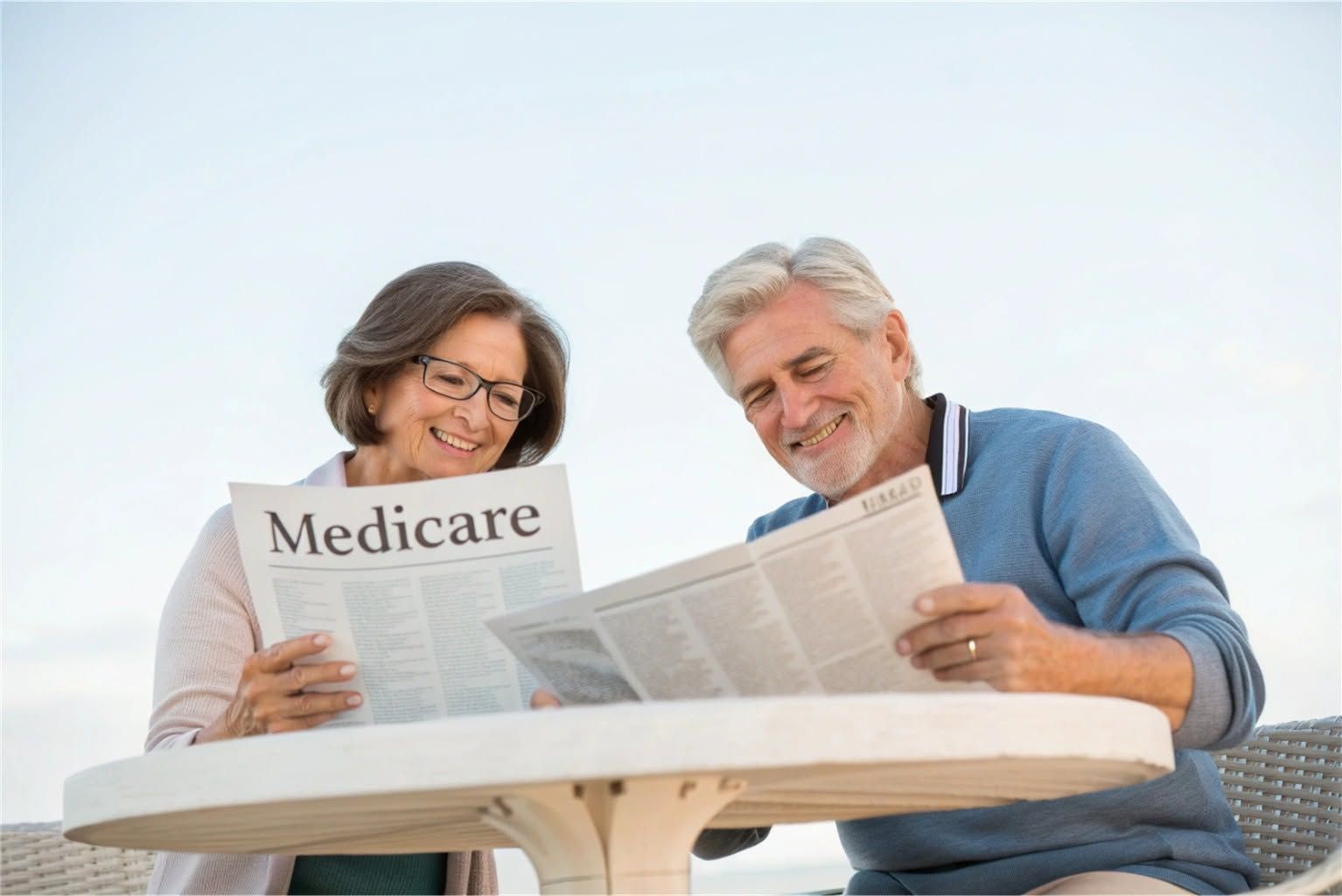 Two people reading newspapers at a table, one titled “Medicare”