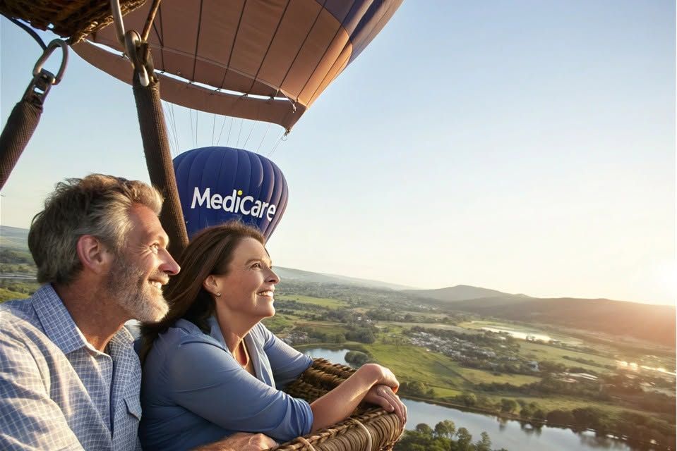 Two people in a hot air balloon basket at sunrise, overlooking a green valley and distant horizon