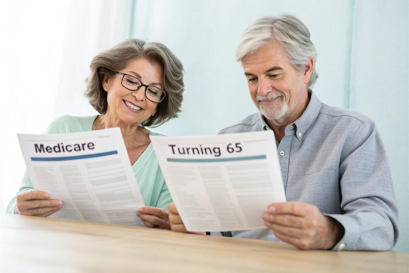 Older couple reading Medicare and “Turning 65” brochures at a table
