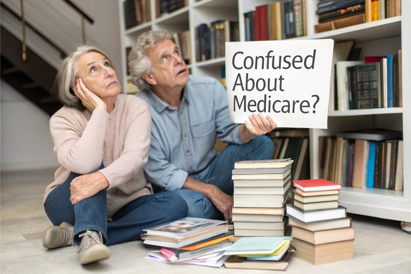 Older couple seated on a library floor, looking up at a sign that says “Confused About Medicare?”