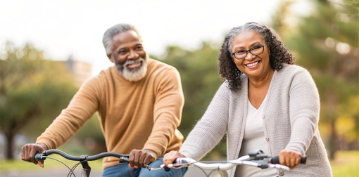 Two smiling people riding bicycles on a sunny path outdoors