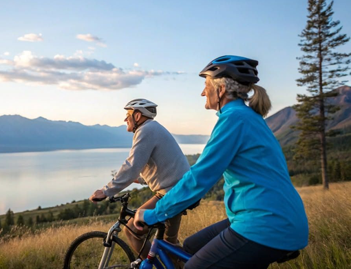 Two cyclists in blue helmets riding beside a lake at sunset with mountains in the background