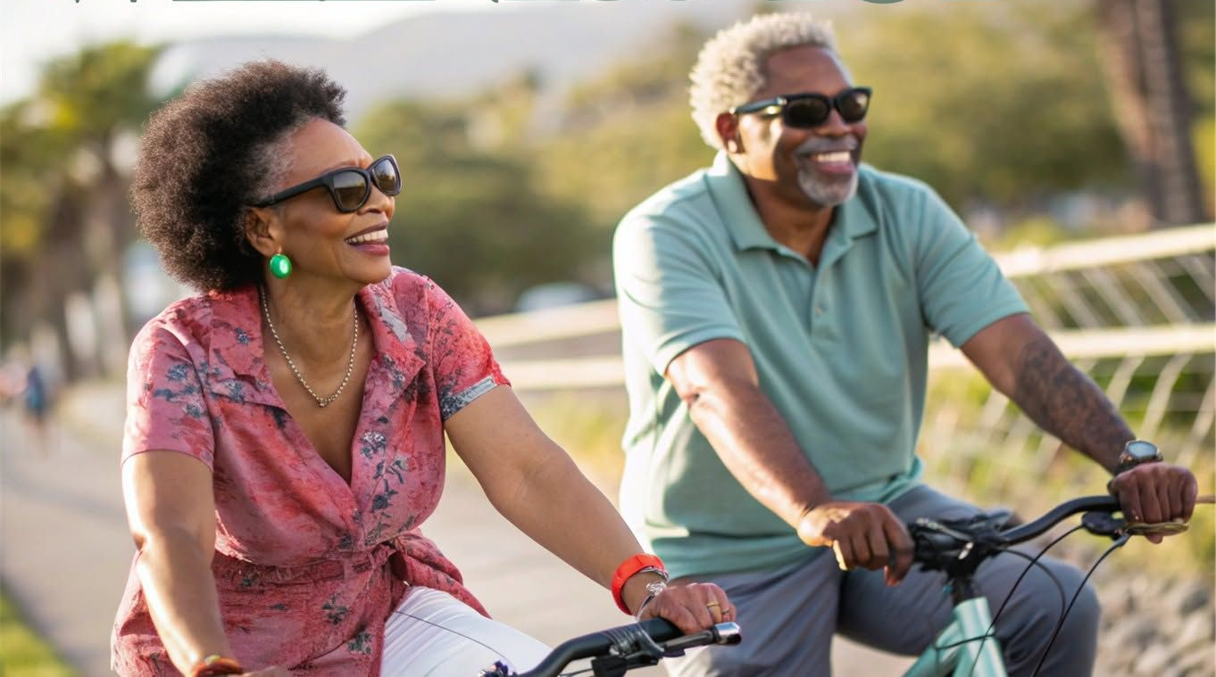 Two people smiling and riding bicycles outdoors on a sunny path