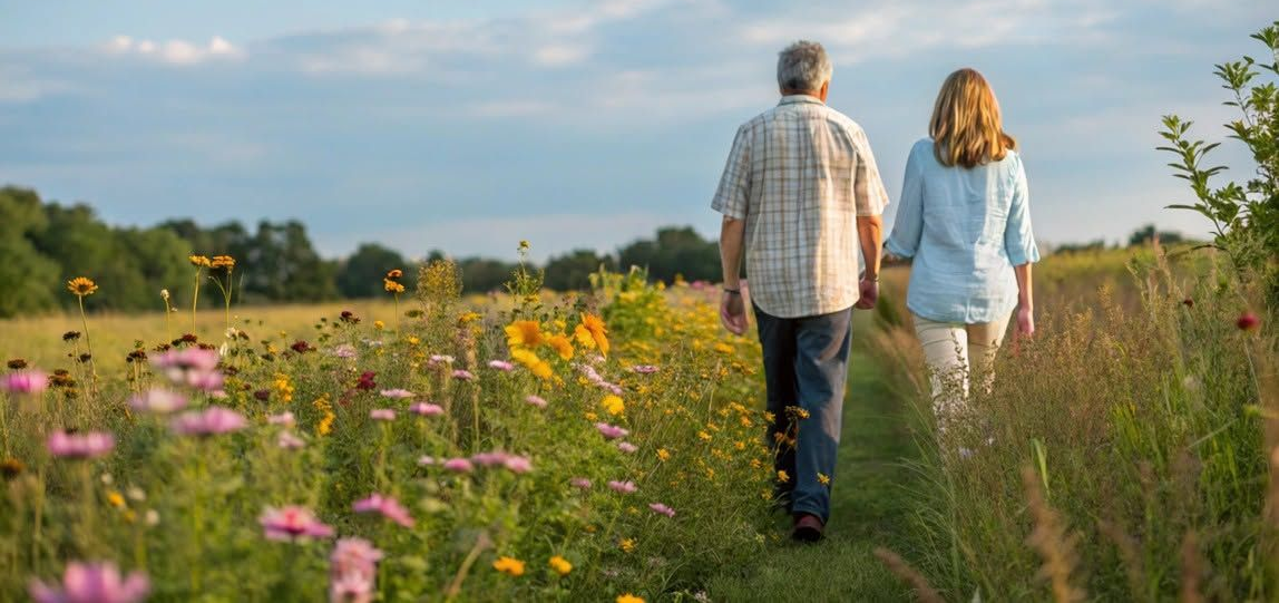 Two people walking hand in hand through a wildflower field at sunset
