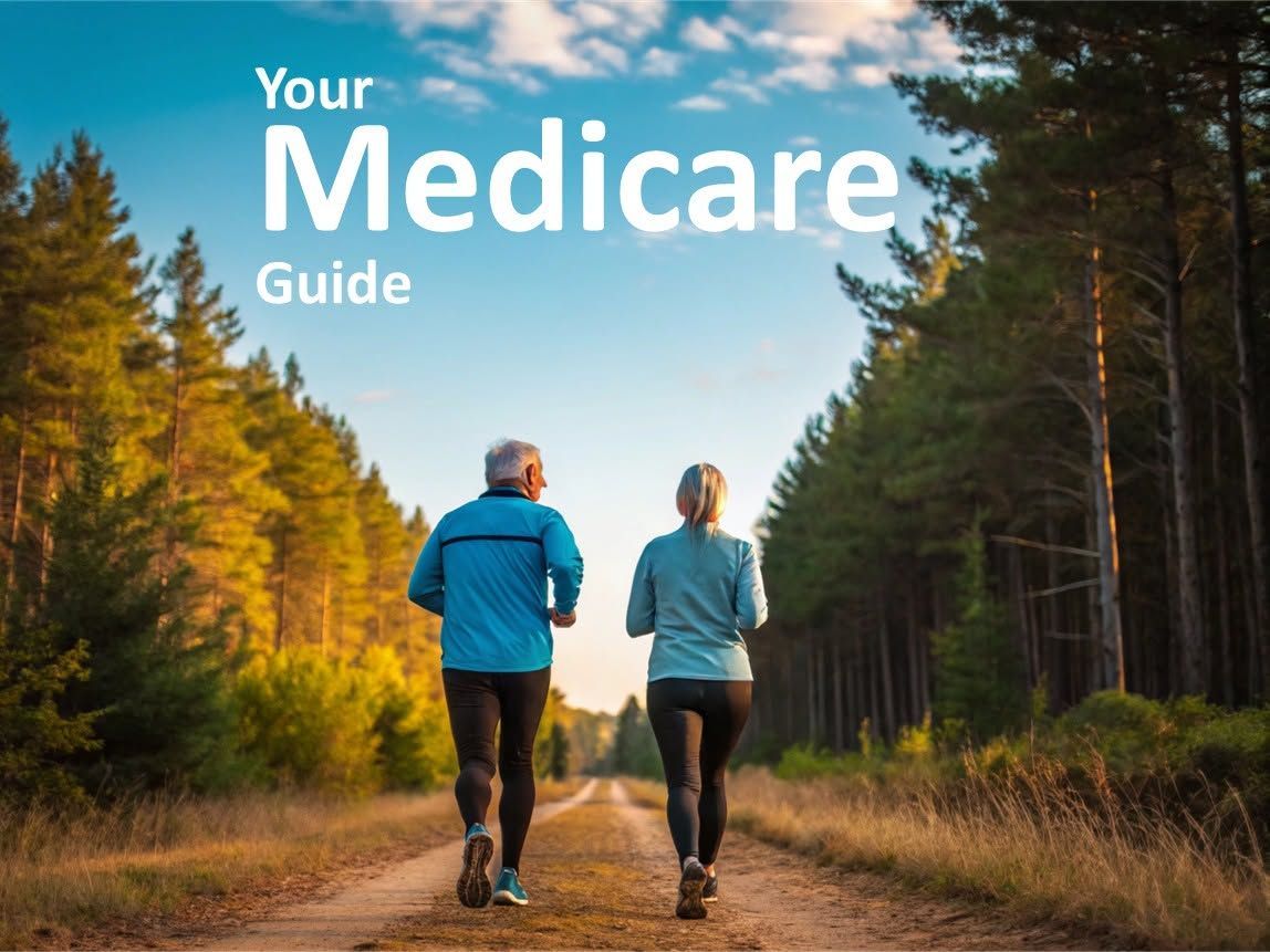 Two people walking on a forest road under the title “Your Medicare Guide”