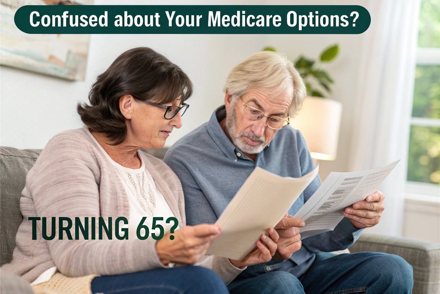 Older couple reading papers on a couch with text about Medicare options and turning 65