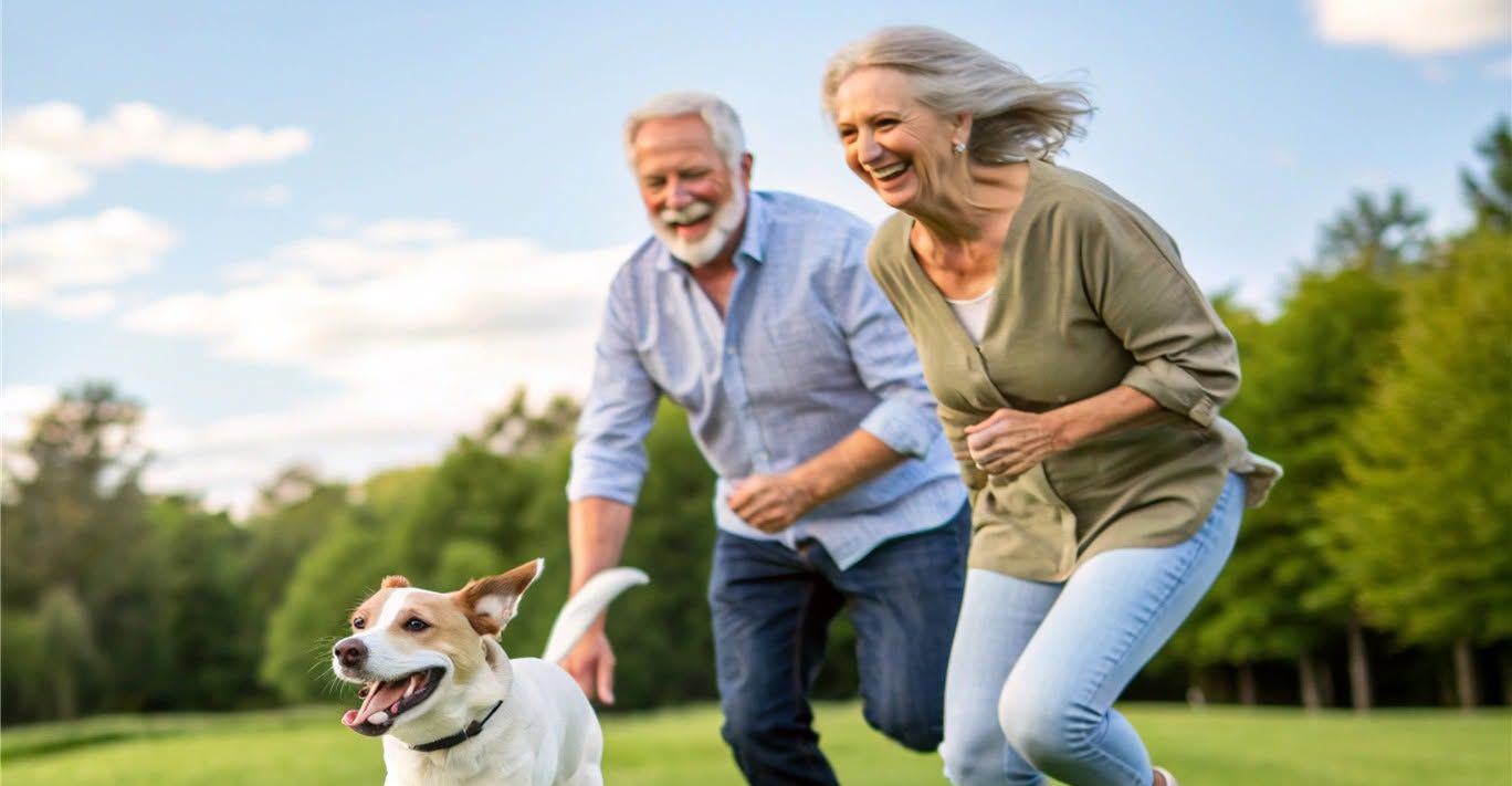 Smiling couple jogging with a small dog in a grassy park on a sunny day