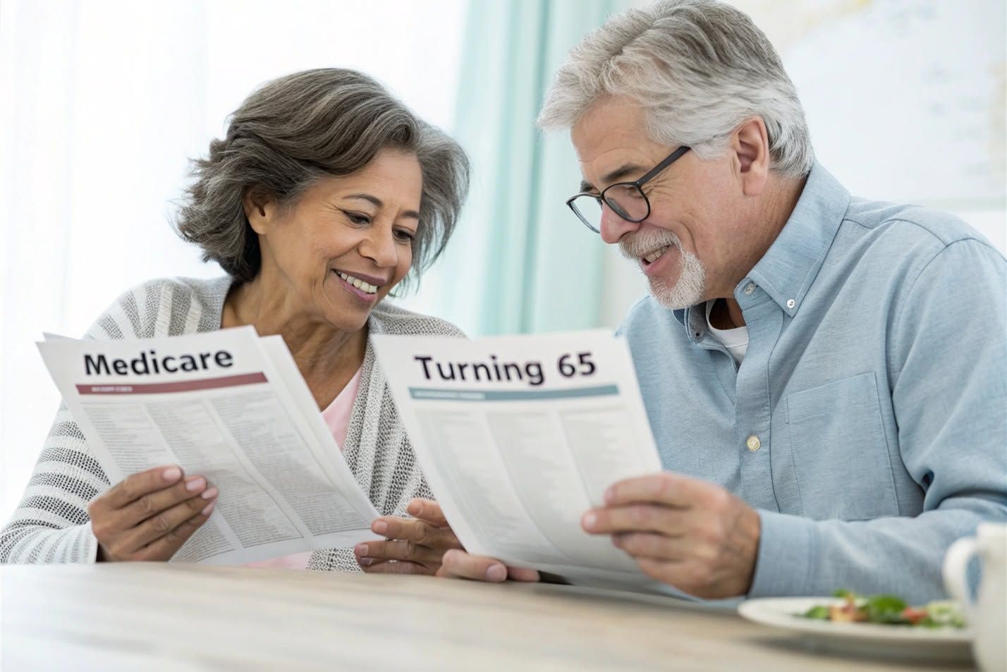 Two people reading Medicare and “Turning 65” pamphlets at a table, smiling in a bright room