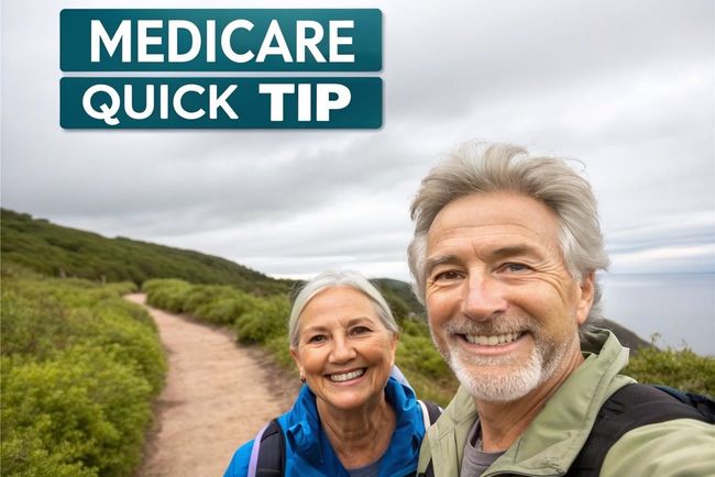 Medicare quick tip banner with smiling couple on a trail overlooking green hills