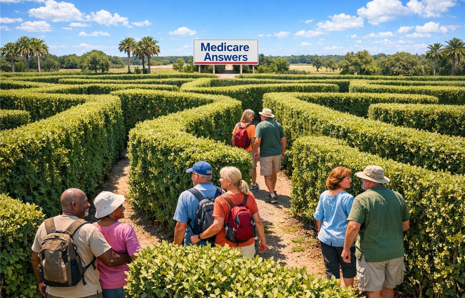 Tour group walking through a hedge maze toward a Medicare Advantage sign under a blue sky