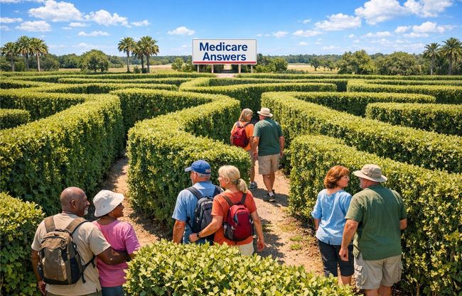 Tour group walking through a hedge maze toward a Medicare Advantage sign under a blue sky