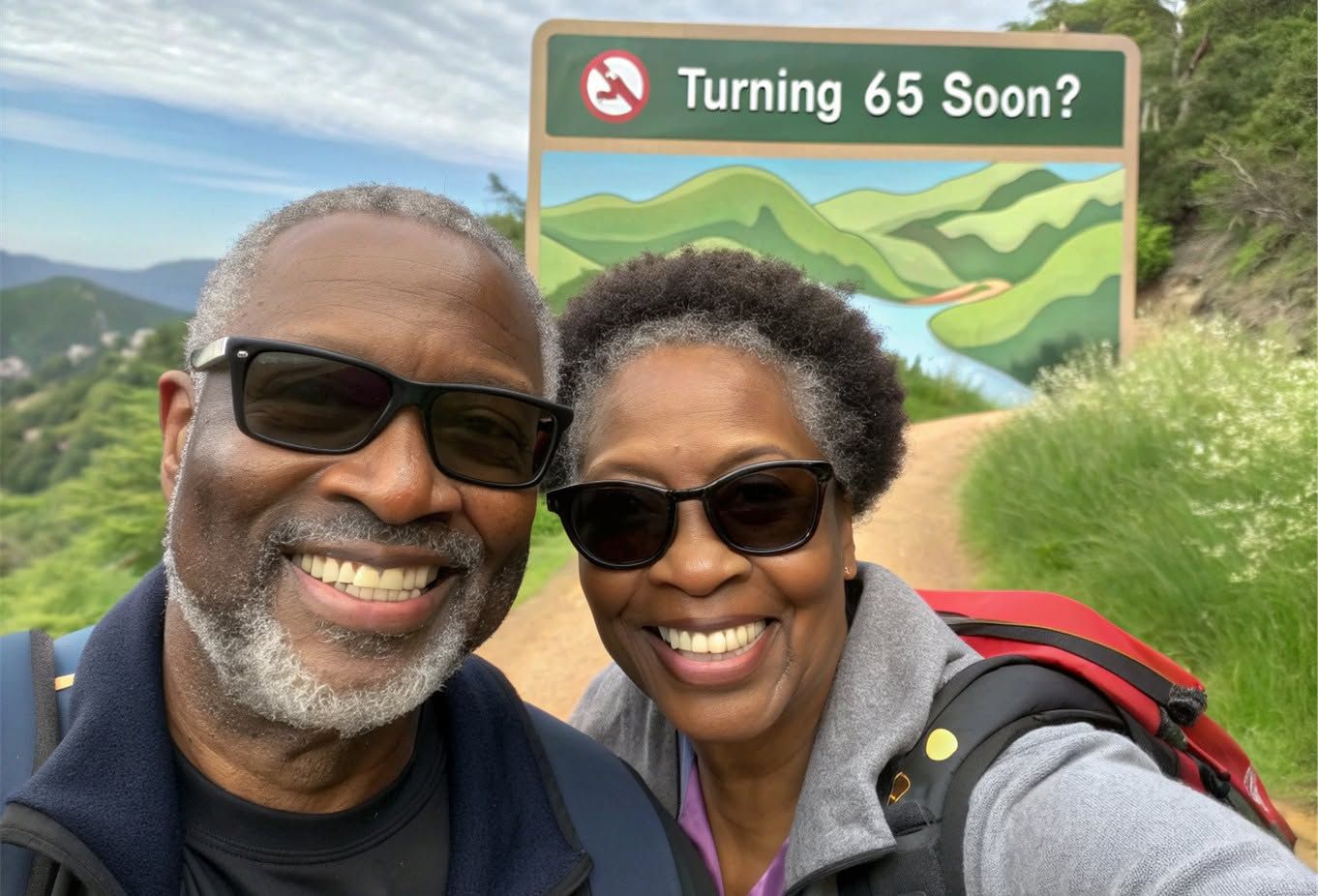 Two smiling people taking a selfie in front of a mountain sign that reads “Turning 65 Soon?”