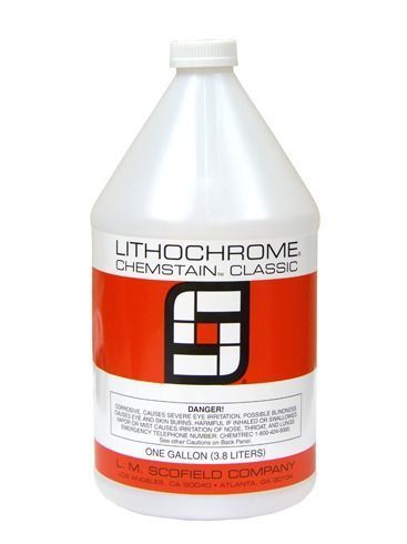 White gallon jug labeled Lithochrome Chemical G, with red label and black logo