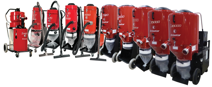 Red industrial vacuum dust collectors lined up on a white background