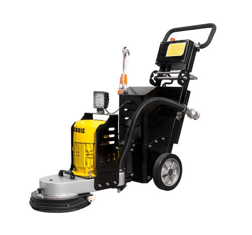 Yellow and black floor buffer machine with handle and large circular scrub brush