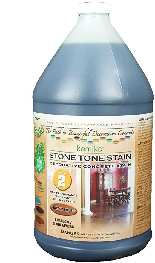 Blue gallon jug of Kemiko stone stain with a beige label and handle