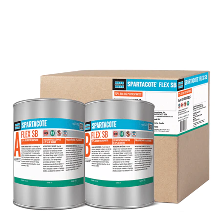 Two silver paint cans and a cardboard box of Spartacoate Flex SB on a white background