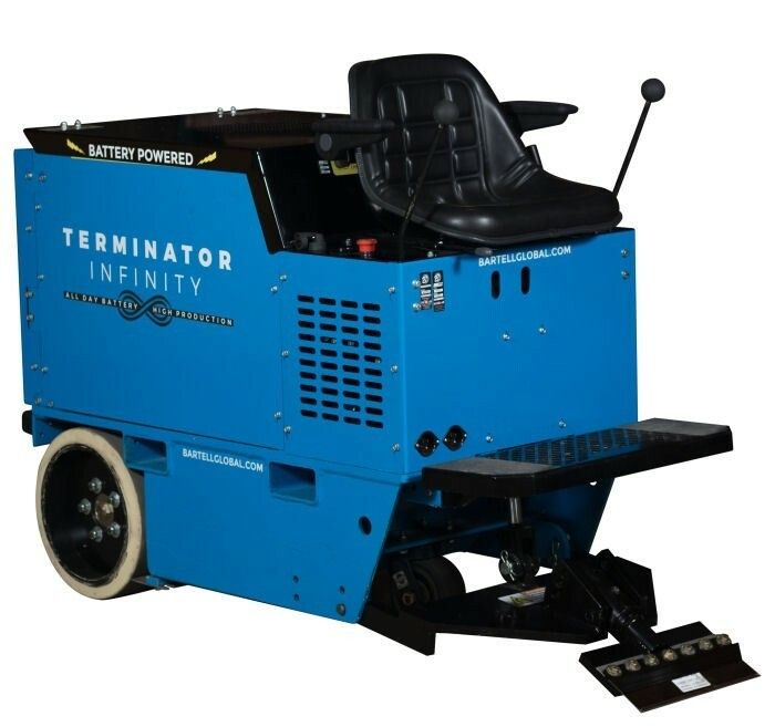 Blue Terminator Infinity ride-on mower with black seat and front blade attachment, shown on white background