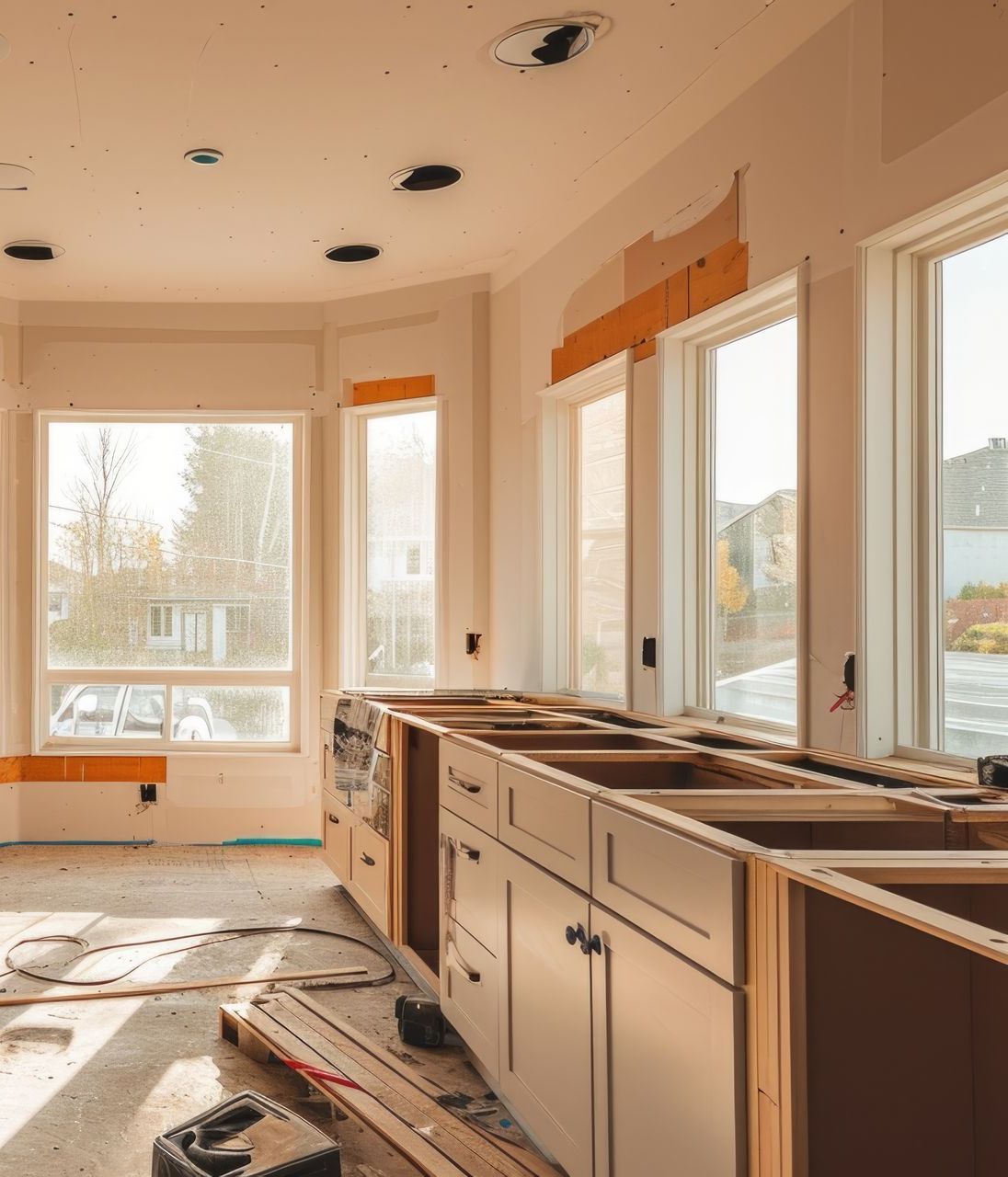 A kitchen under construction with a lot of cabinets and windows.