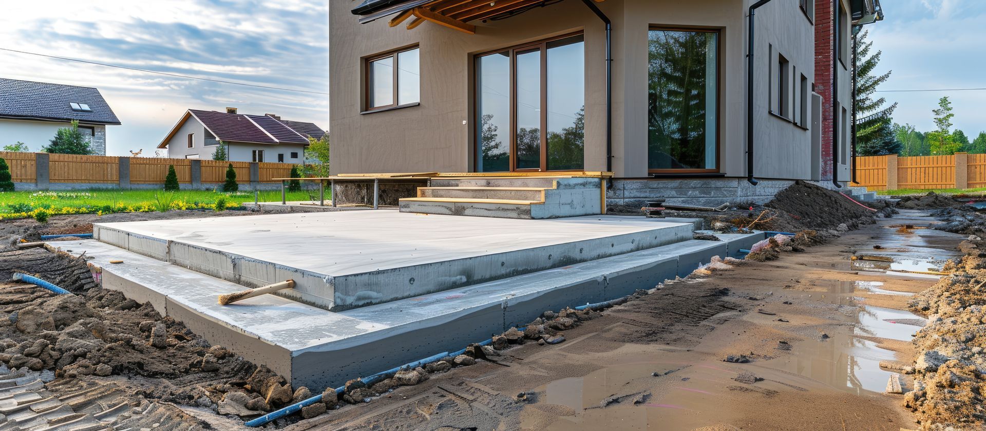 A house is being built in a residential area with a concrete foundation.