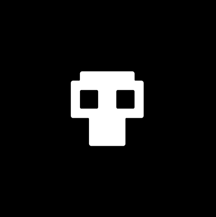 White pixelated skull on a black background.