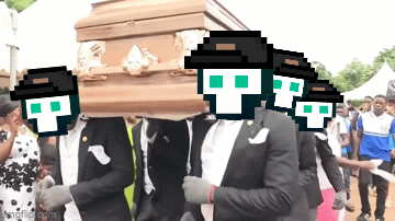 Pixelated figures in suits carry a coffin, meme-style.