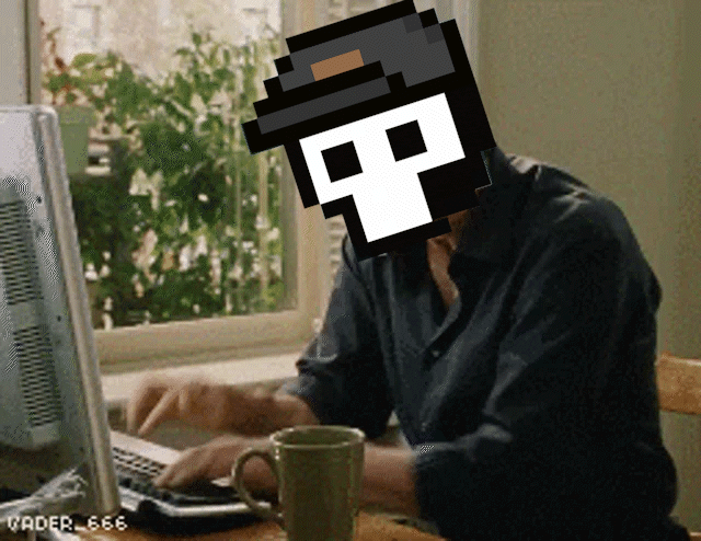 Pixelated figure with a hat, typing on a computer at a desk, looking focused.