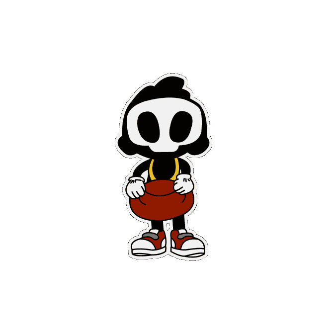 Cartoon skull character with black body, red shorts, suspenders, and shoes, holding a brown bag.