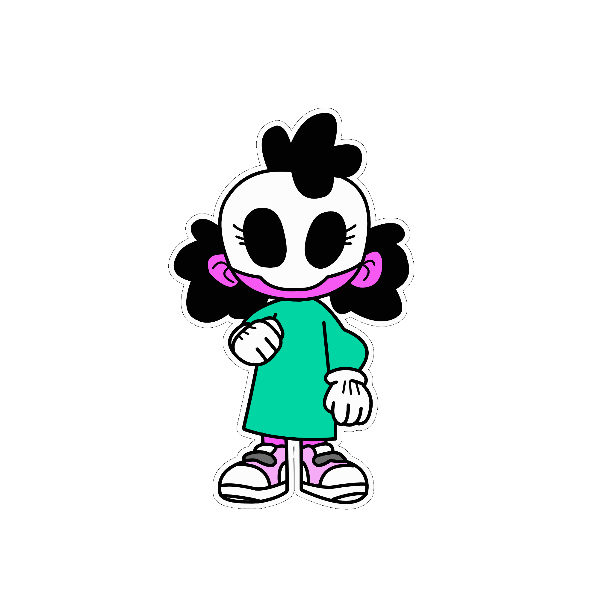 Cartoon character with a skull-like face and black curly hair, wearing a green dress and pink sneakers.