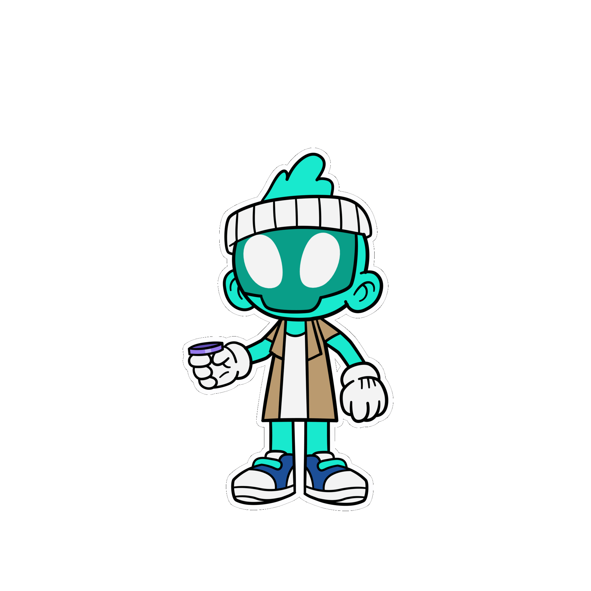 Cartoon character wearing a beanie, holding a small object. Turquoise skin, large eyes, light brown jacket, and white gloves.
