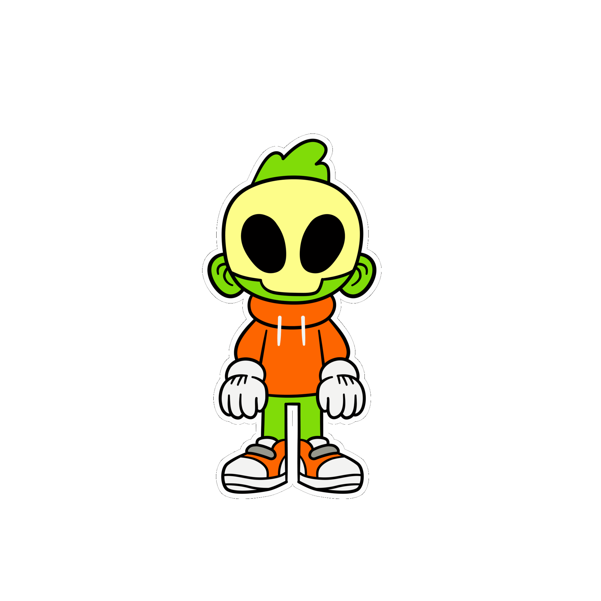 Cartoon character with skull-shaped head wearing orange hoodie and sneakers, green skin.