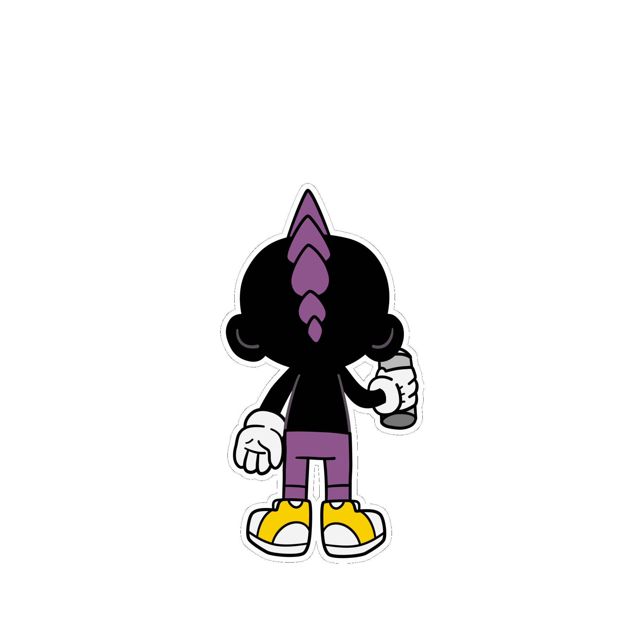 Black figure with purple mohawk holding a spray can, wearing purple pants, yellow shoes, and white gloves.