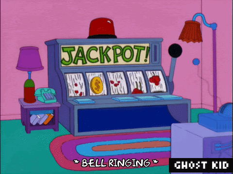 Slot machine hitting jackpot, bright colors.