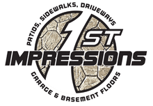 Logo for 1st Impressions. Black text on white with a stone-like design. "Patios, Sidewalks, Driveways" and "Garage & Basement Floors" are in the logo.
