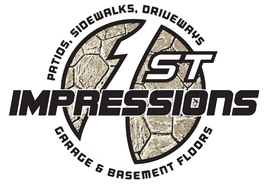 Logo for 1st Impressions. Black text on white with a stone-like design. "Patios, Sidewalks, Driveways" and "Garage & Basement Floors" are in the logo.