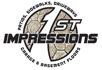 Logo for 1st Impressions. Black text on white with a stone-like design. "Patios, Sidewalks, Driveways" and "Garage & Basement Floors" are in the logo.