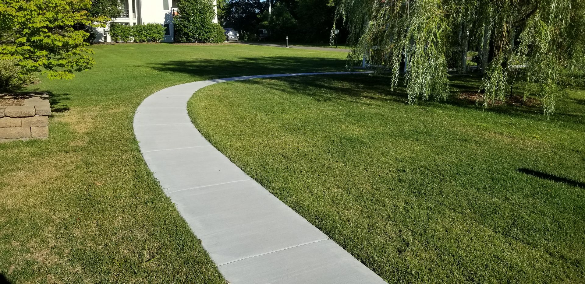 A curving gray sidewalk through a grassy lawn, with a house in the background and a weeping willow.