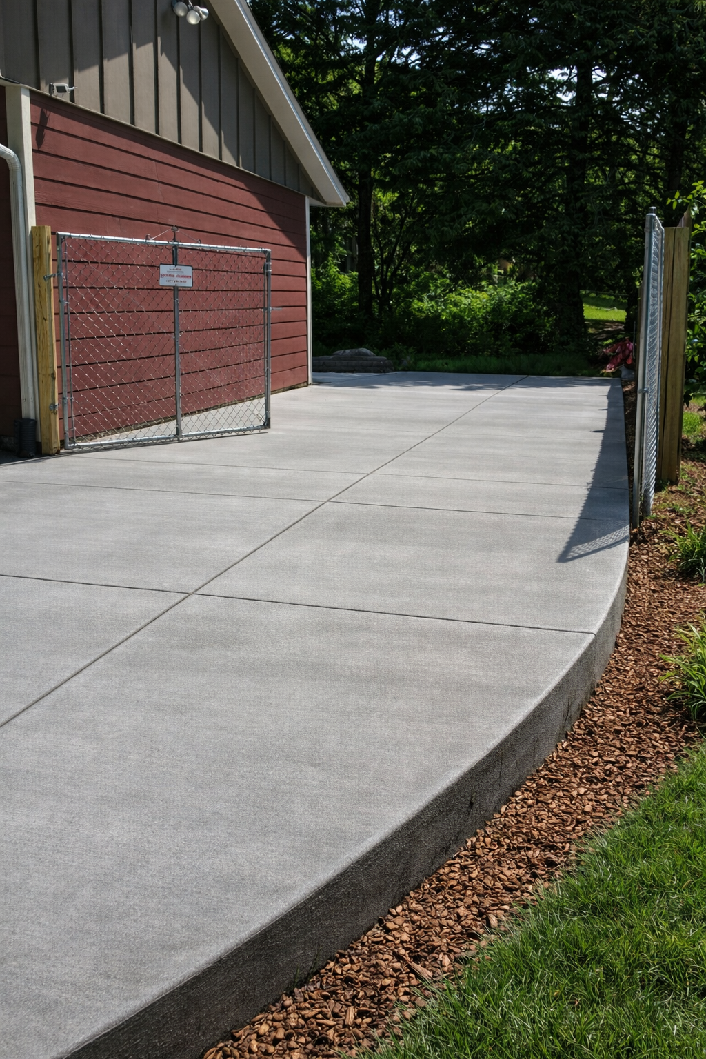 Concrete driveway with a curved edge, adjacent to a red building and grassy area.