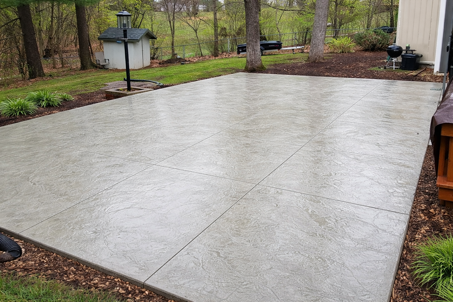 A freshly poured concrete patio in a backyard with trees and a small shed.