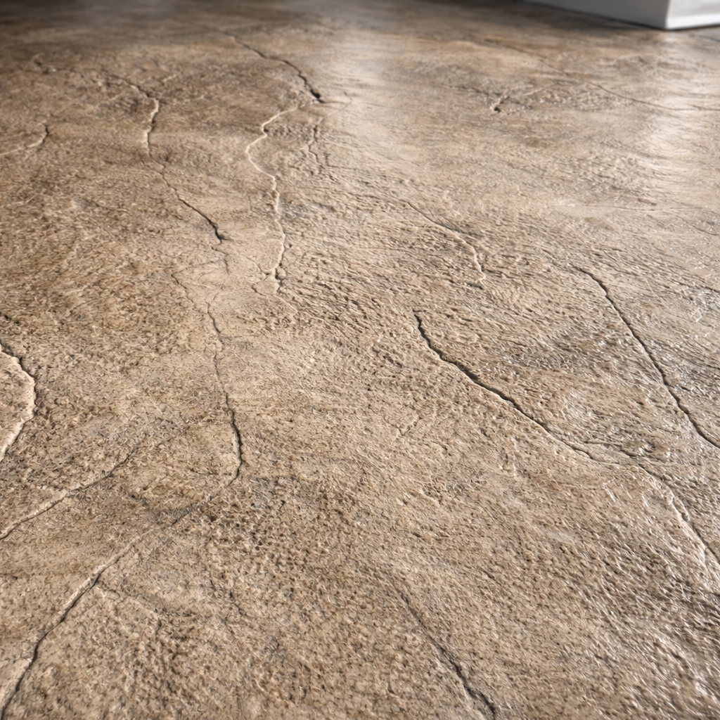 Textured concrete flooring with light brown and tan tones, featuring crack-like patterns.