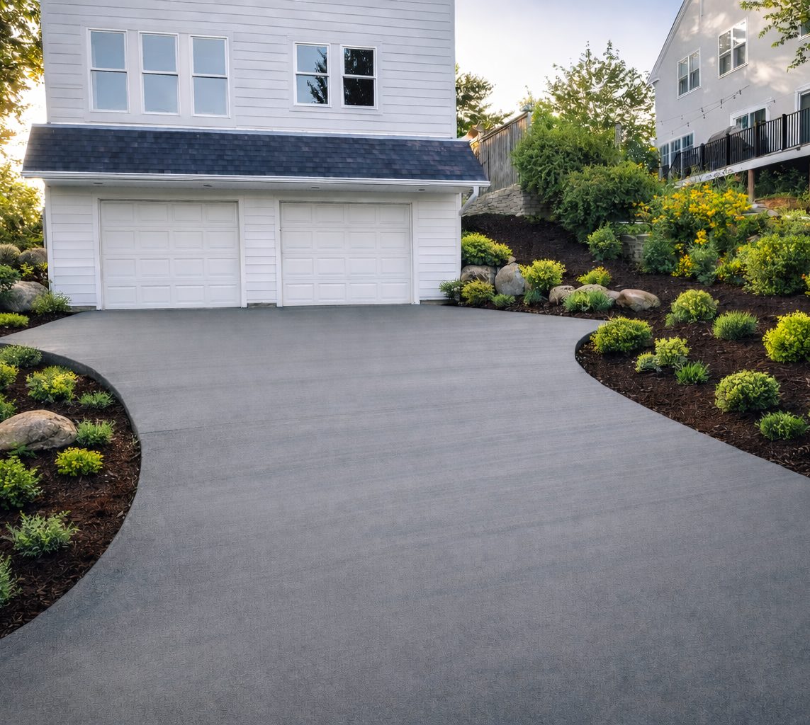 A two-car garage with a gray concrete driveway curving past landscaped beds and a white house.