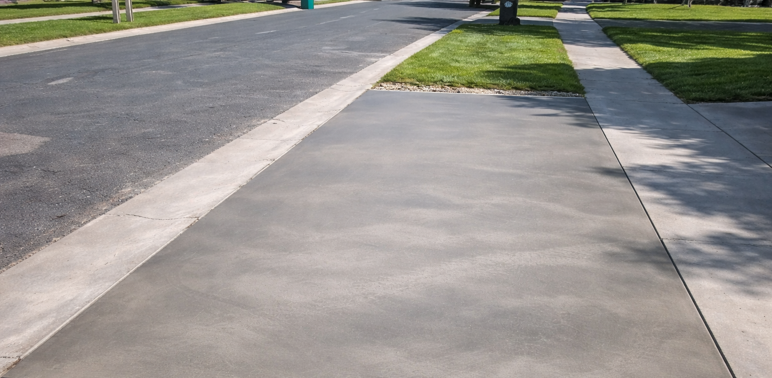 A paved road and sidewalk with grass strips in between. Trees and a green trash can are in the distance.