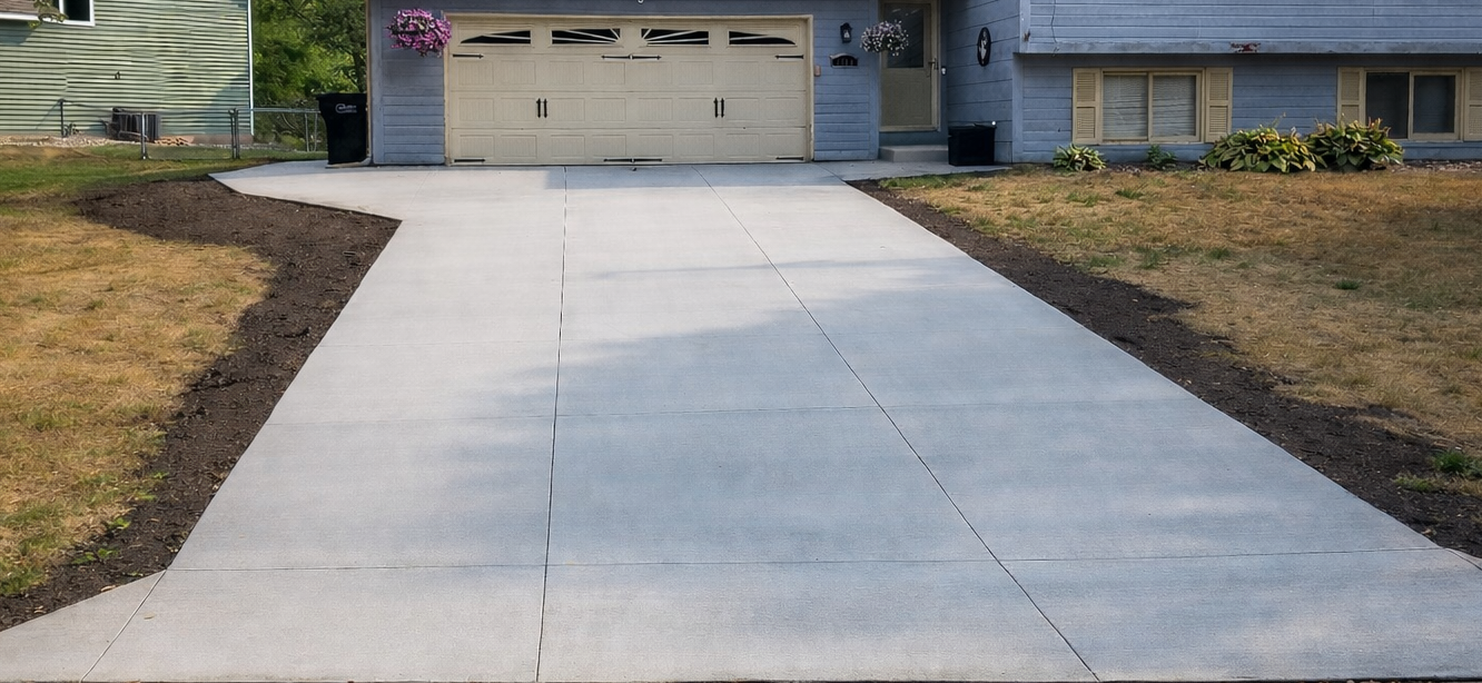 Concrete driveway leading to a light-colored garage door of a house with trimmed landscape on either side.